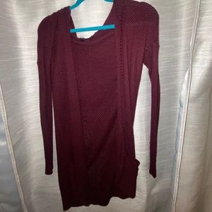 Maroon cardigan with pockets and hood